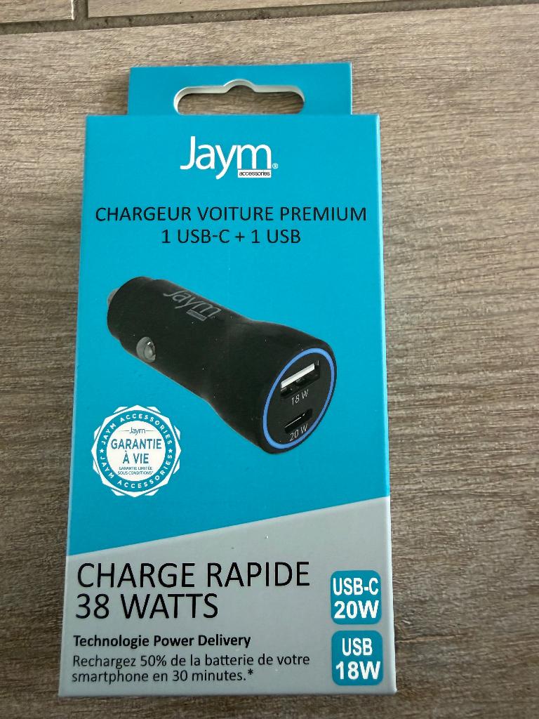 aym Premium Autolader 38W - USB-C & USB - Snel laden, Télécoms, Chargeurs de voiture, Enlèvement, Neuf