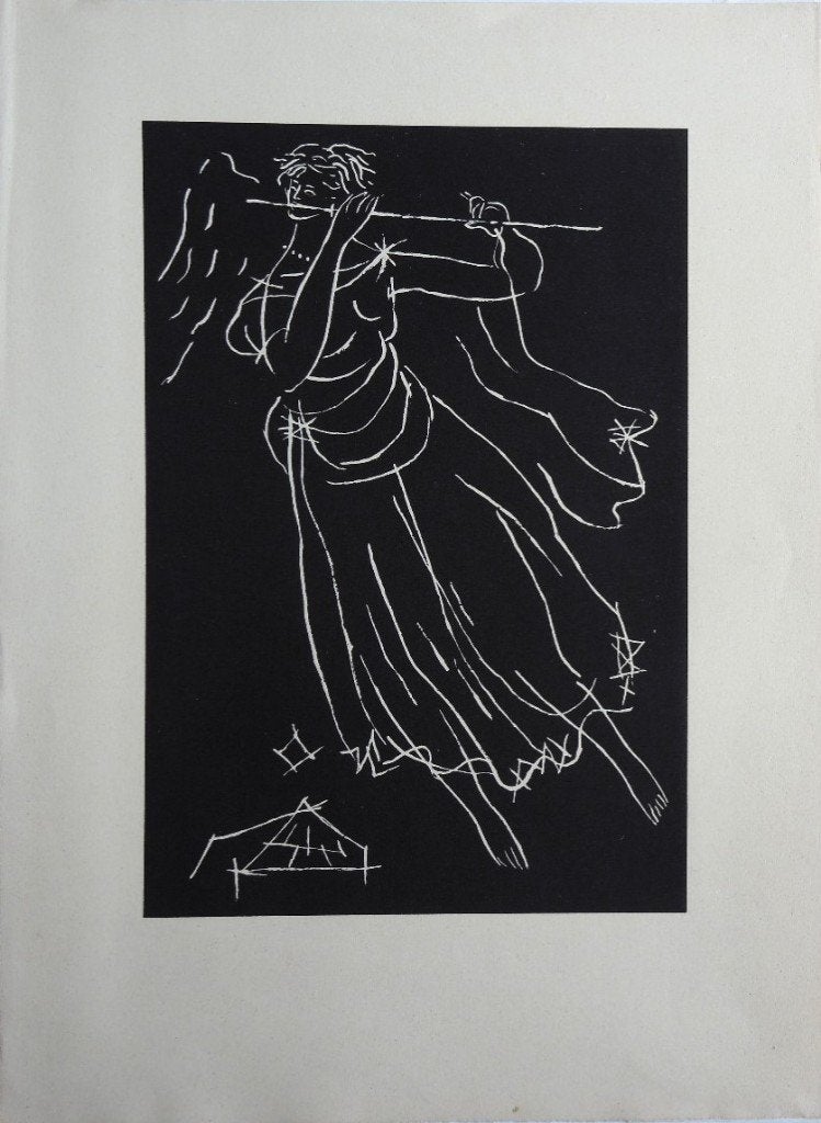 Onvermelde Franse Maker linosnede "Dwarsfluitist", ca. 1950, Antiek en Kunst, Kunst | Litho's en Zeefdrukken, Ophalen, Linosnede