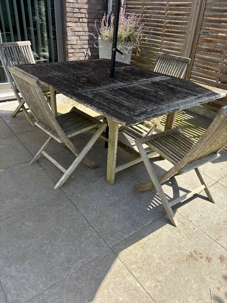 Table et chaises en teck, Jardin & Terrasse, Tables de jardin, Enlèvement, Utilisé, Rectangulaire, Bois de teck