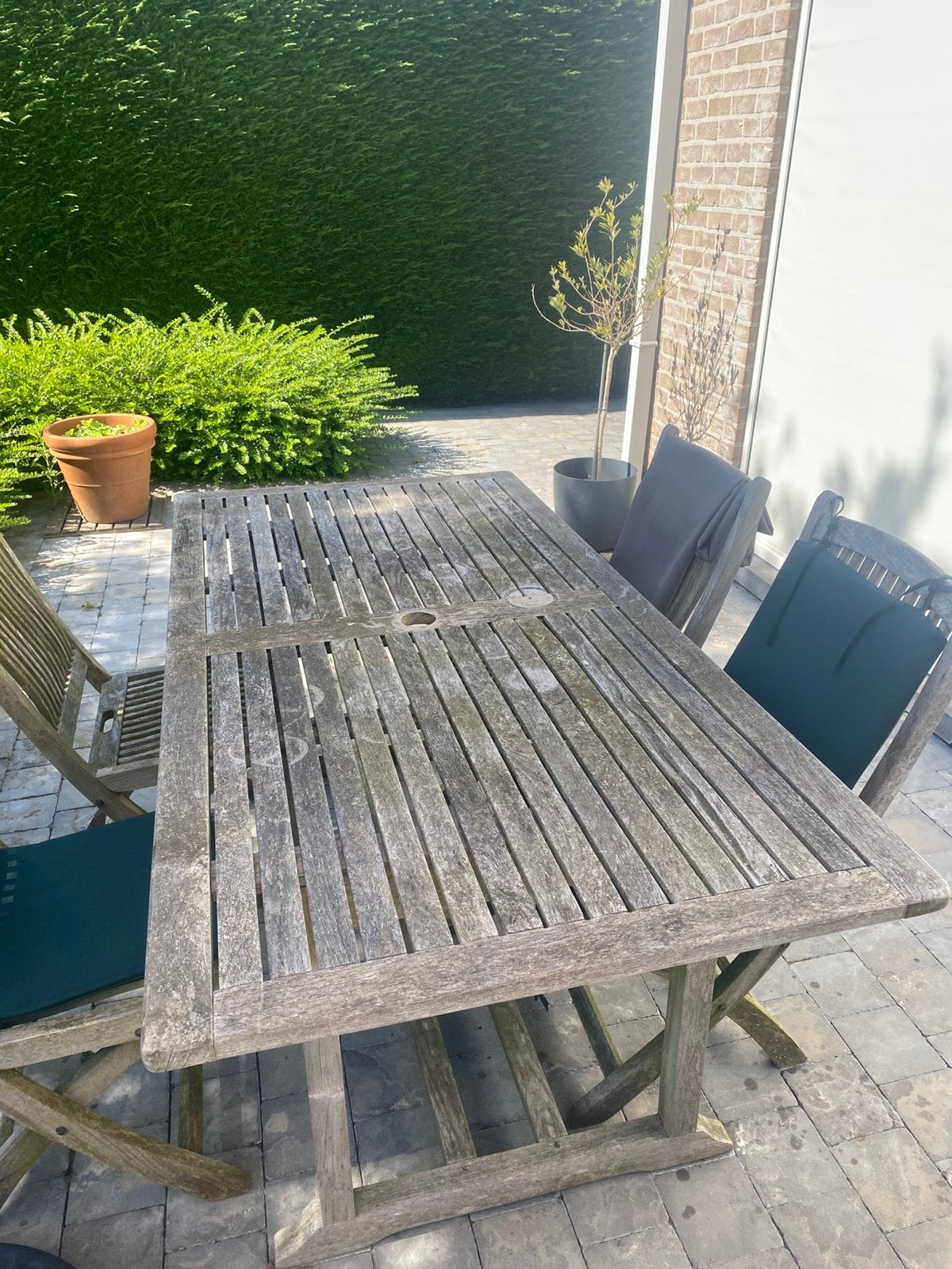 Buiten tafel + 4 stoelen ideaal voor 6 mensen, Ophalen, Gebruikt, 6 zitplaatsen, Tuinset
