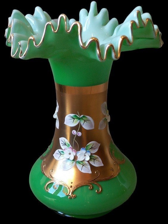 Vase en verre vert de la République tchèque., Antiquités & Art, Enlèvement