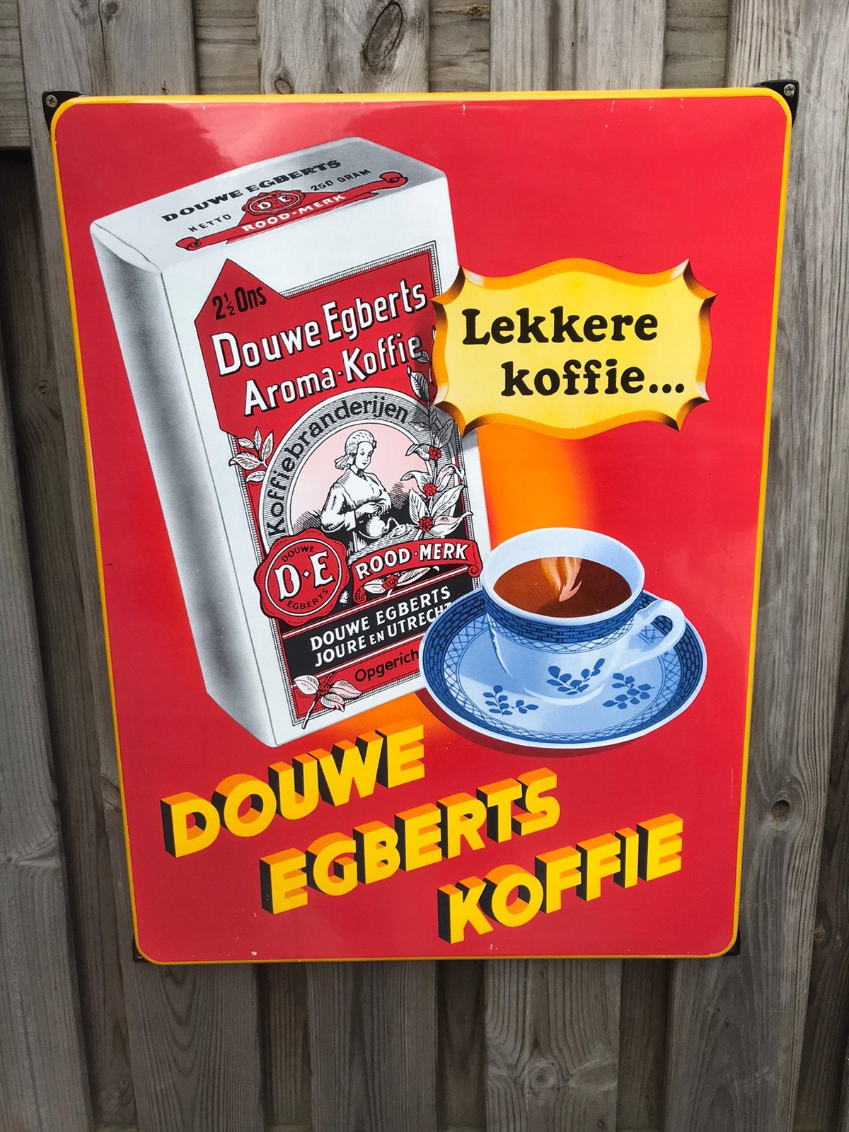 Grand panneau d'affichage en émail de Douwe Egberts, Collections, Enlèvement ou Envoi, Utilisé, Panneau publicitaire