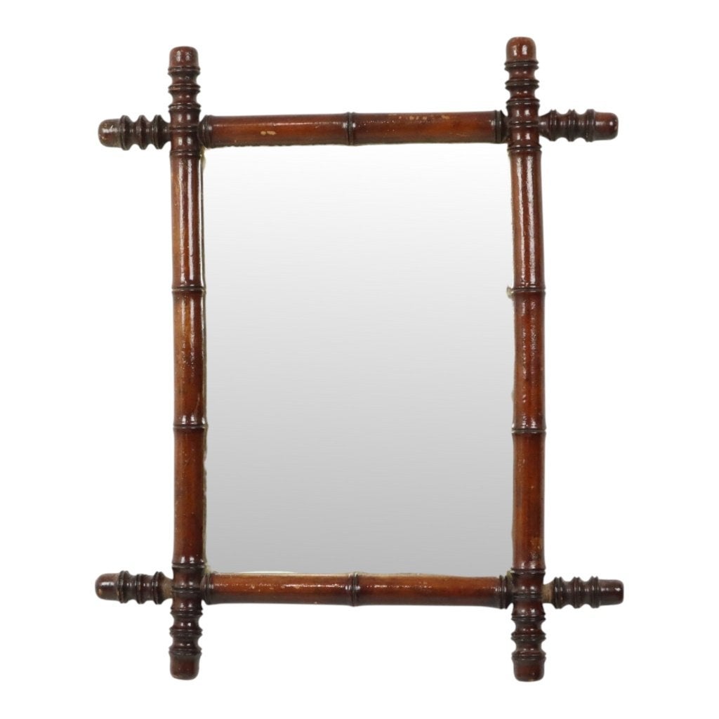Antieke Houten Spiegel Faux Bamboe Chinoiserie 63x52cm, Antiek en Kunst, Ophalen of Verzenden, Rechthoekig, 50 tot 100 cm, Minder dan 100 cm