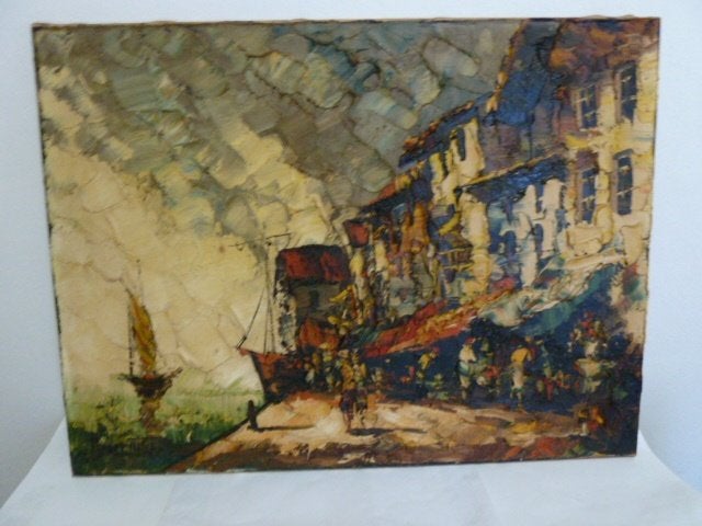 Schilderij olie op doek (Impasto stijl) 98/78cm, Antiquités & Art, Art | Peinture | Moderne, Paysage urbain, Peinture à l'huile