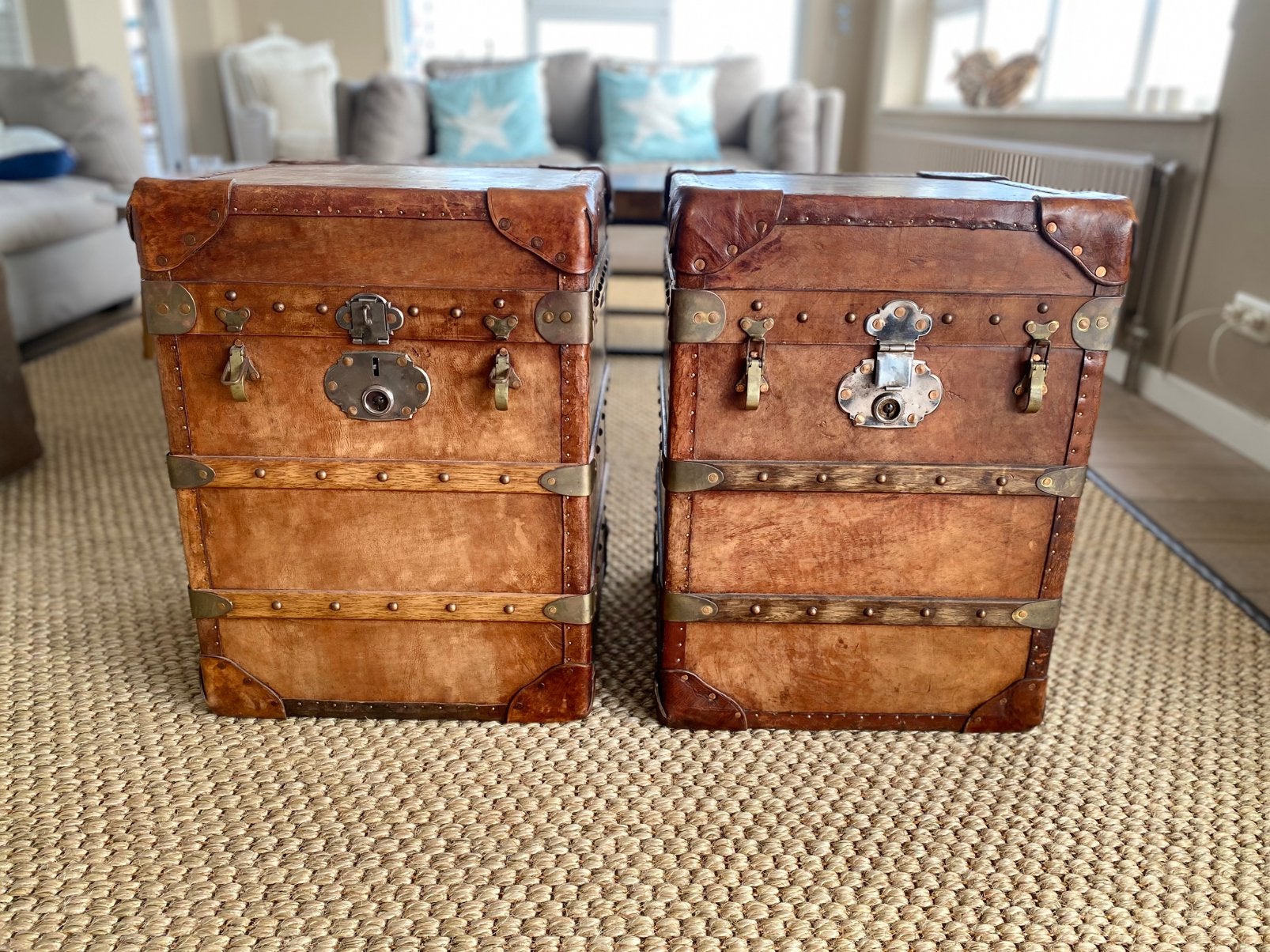 Set van 2 vintage leren koffers/opbergkisten, Ophalen, Zo goed als nieuw, Vintage