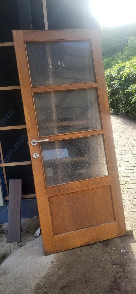 Oude binnendeur  1950 - vol hout - mat glas met relief (20€), Porte intérieure, Enlèvement, Verre, 200 à 215 cm