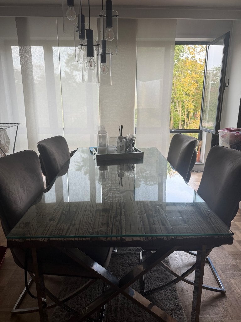 Mooie eettafel met vier bijpassende stoelen te koop., Ophalen, Gebruikt, 150 tot 200 cm, Vierkant