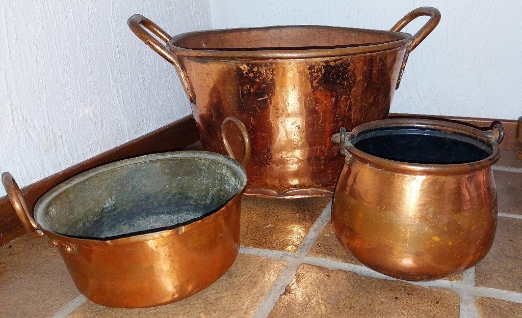 3 Antieke Roodkoperen Potten - Landelijk & Brocantev-Retro, Antiek en Kunst, Ophalen, Koper