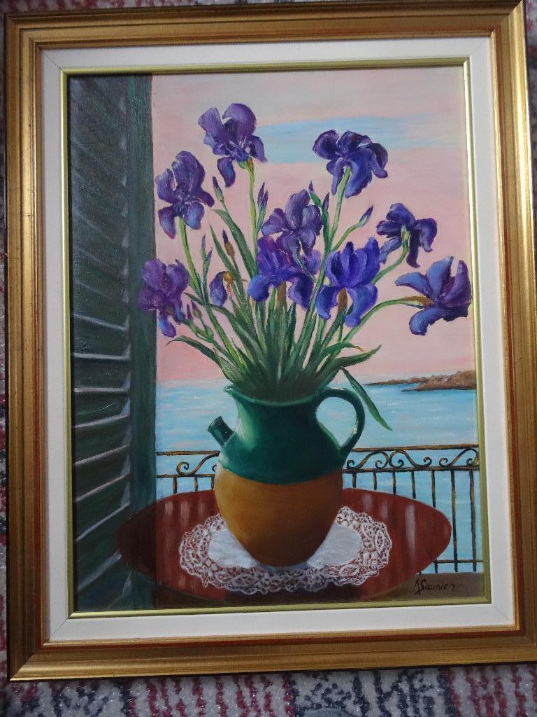 Huile sur toile , bouquet d’Iris 1990, Enlèvement ou Envoi