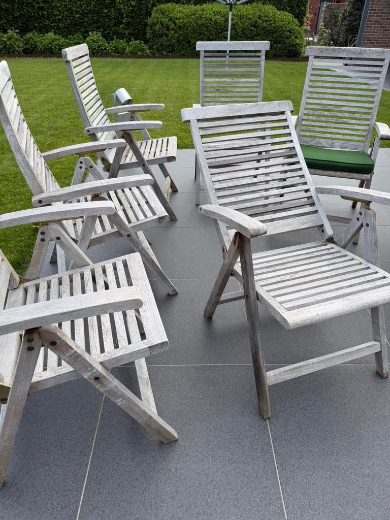 6 Teak tuinstoelen Royal Teak en zitkussens, Ophalen, Gebruikt, Teakhout, Verstelbaar