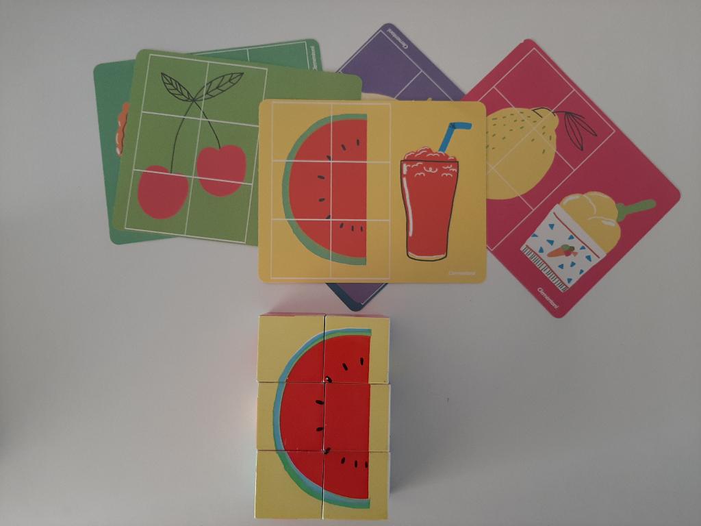 Clementoni little cubes puzzel kind - fruit, Ophalen of Verzenden, Zo goed als nieuw, Van hout, Minder dan 10 stukjes