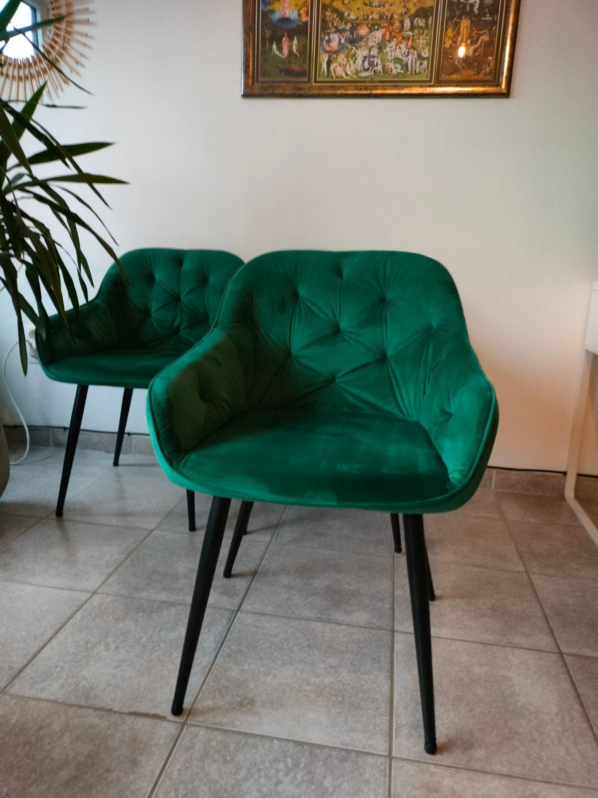4 groene velvet eetkamerstoelen, Huis en Inrichting, Stoelen, Ophalen