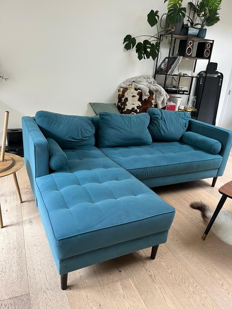 Leuke turquois velours driezit met chaise longue, Huis en Inrichting, Ophalen, Gebruikt, 125 tot 150 cm, Velours