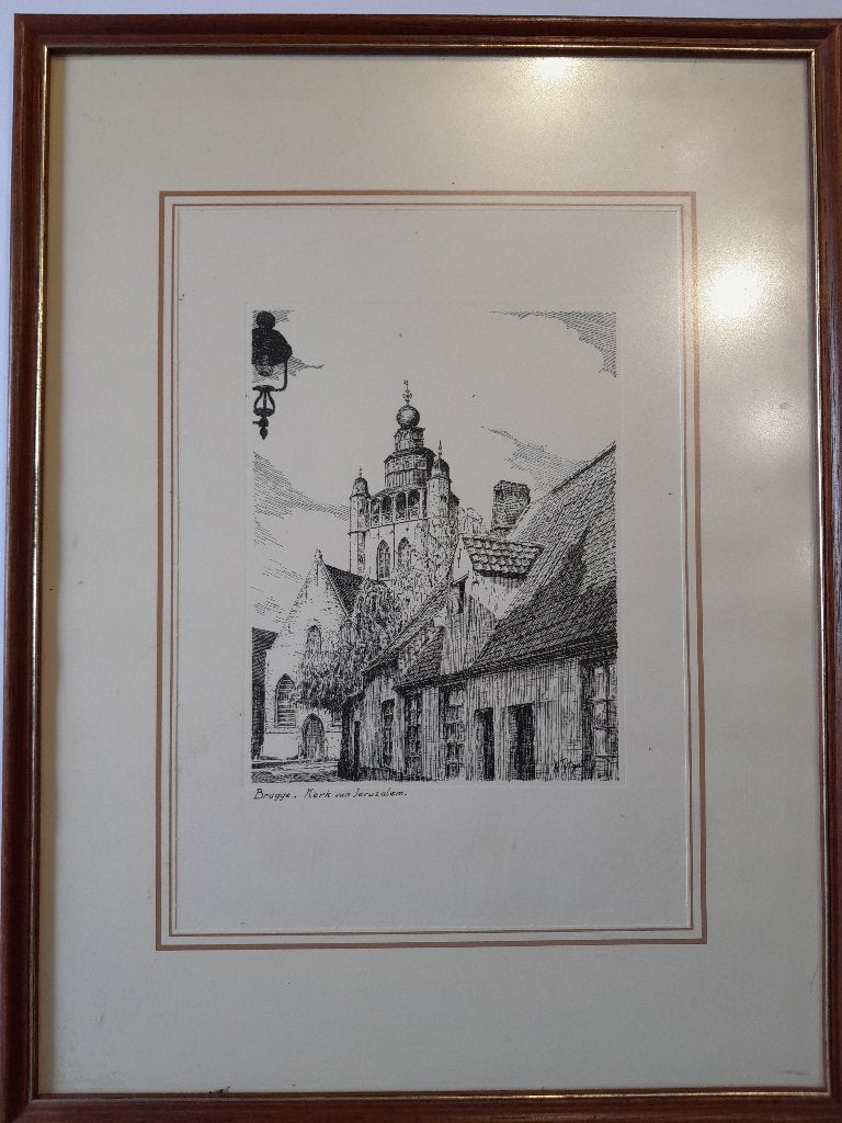 Ingekaderde prent Kerk van Jerusalem Brugge, Antiek en Kunst, Ophalen, Reproductie, Pentekening, Gesigneerd