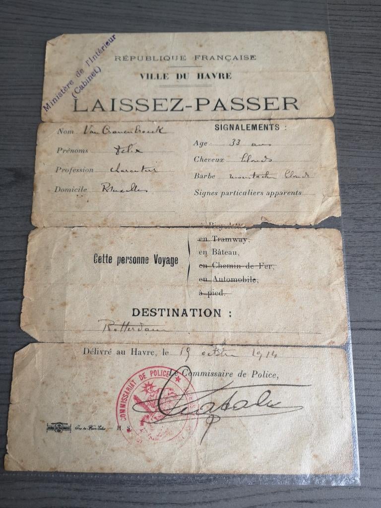 Reisdocument 1914 Havre Frankrijk naar Rotterdam Nederland, Ophalen of Verzenden