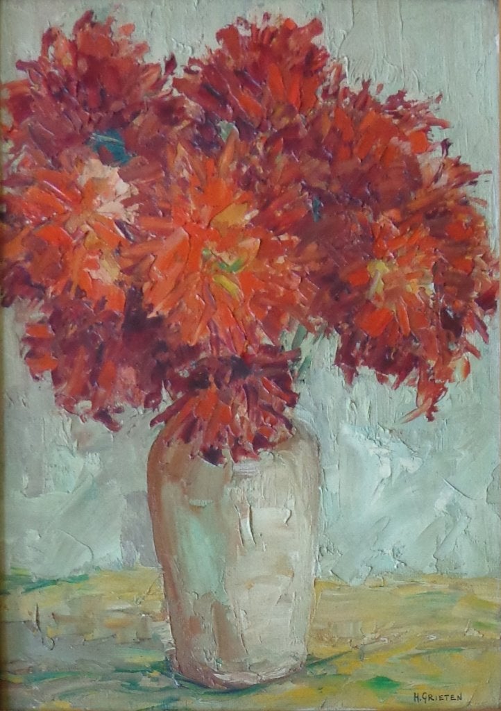 H. GRIETEN / BLOEMENVAAS / OLIEVERF PANEEL / 66x51cm / KADER, Antiek en Kunst, Kunst | Schilderijen | Klassiek, Ophalen of Verzenden