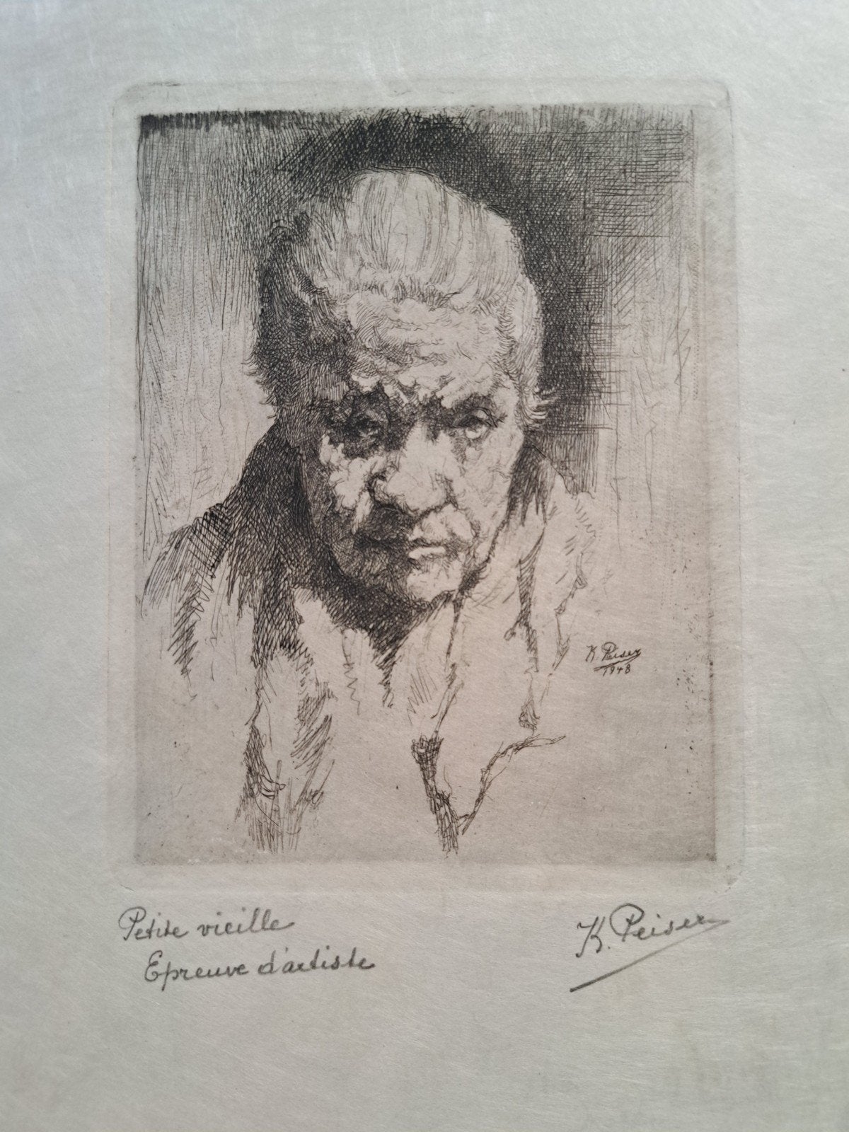 PEISER Kurt "Petite vieille" 1948 ets op Japans papier, Antiek en Kunst, Ophalen of Verzenden, Ets, Ingelijst