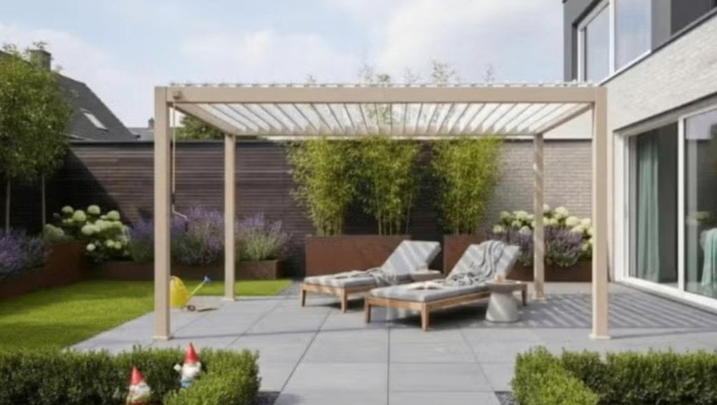 Bioklimatische pergola houtlook en wit 4 x3m, Tuin en Terras, Ophalen, Gebruikt