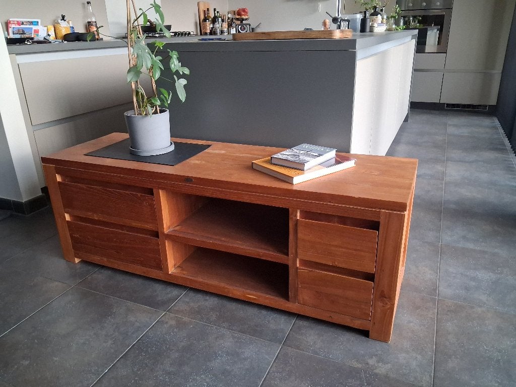 TV meubel, Ophalen, 100 tot 150 cm, Teakhout, Zo goed als nieuw