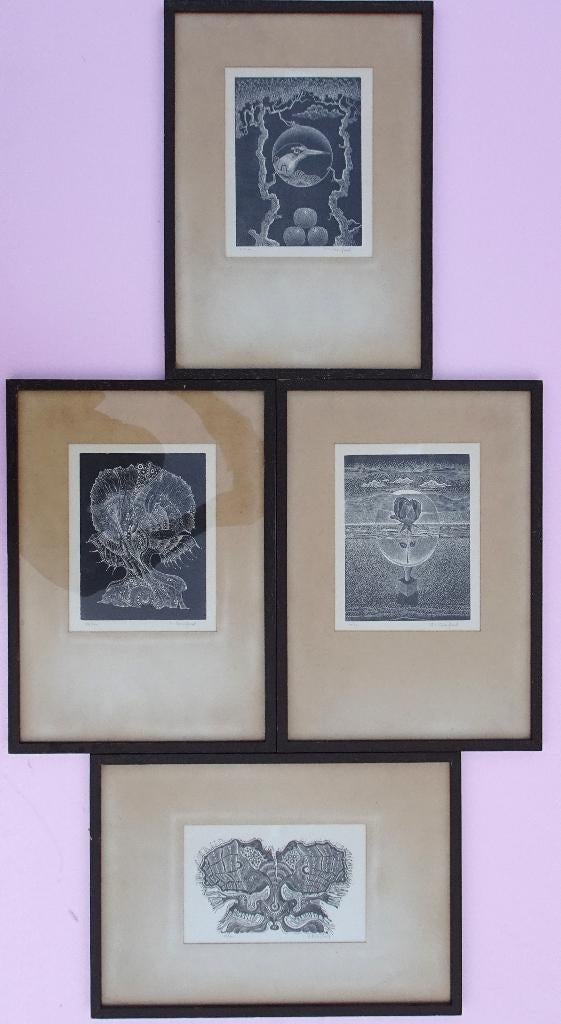 RENAAT BOSSCHAERT ORIGINELE VINTAGE 4 HOUTGRAVURES ABSTRACT, Antiquités & Art, Art | Lithographies & Sérigraphies, Enlèvement ou Envoi