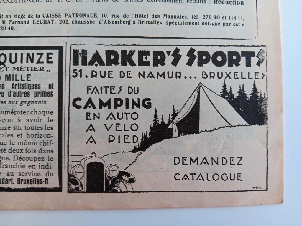 Advertentie Hergé - Harker's Sports 1928 - Touring Club, Collections, Enlèvement ou Envoi, 1920 à 1940, Journal ou Magazine