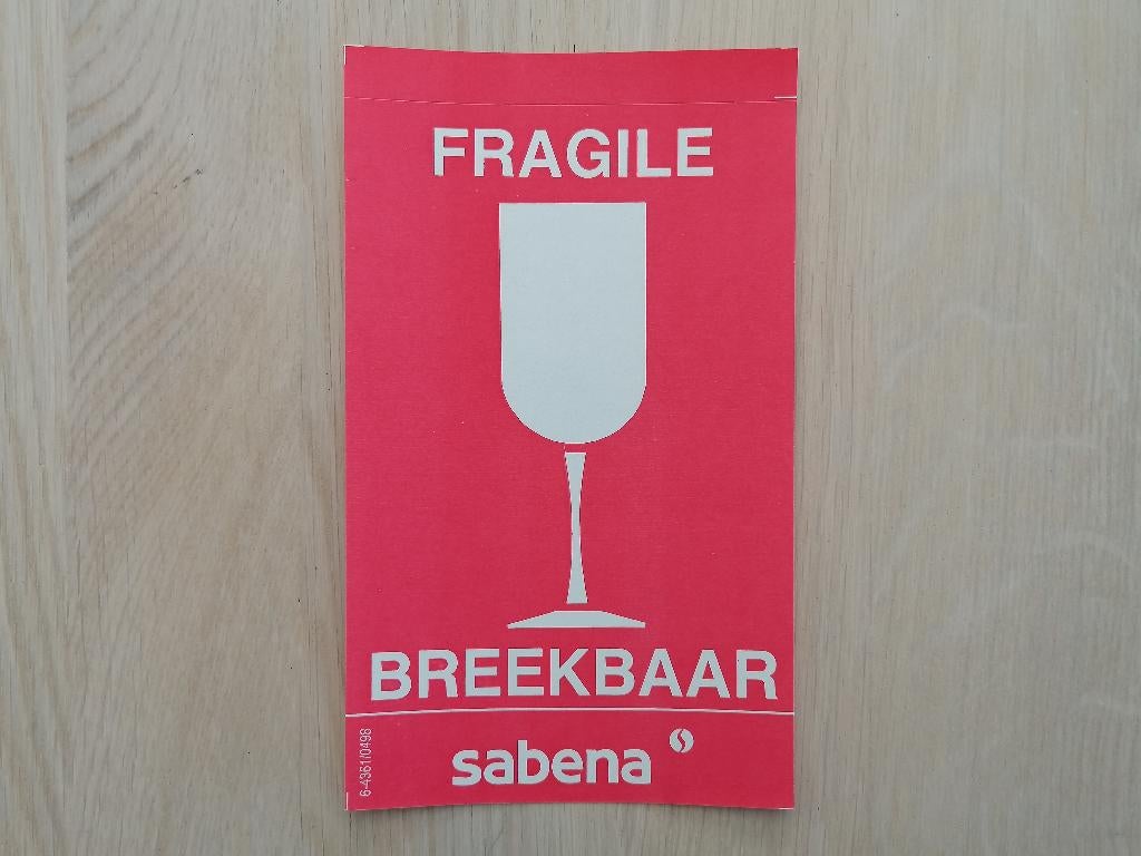 Sabena Sticker #001 Fragile - Breekbaar 9,6x16, Ophalen of Verzenden, Nieuw, Bedrijf of Vereniging