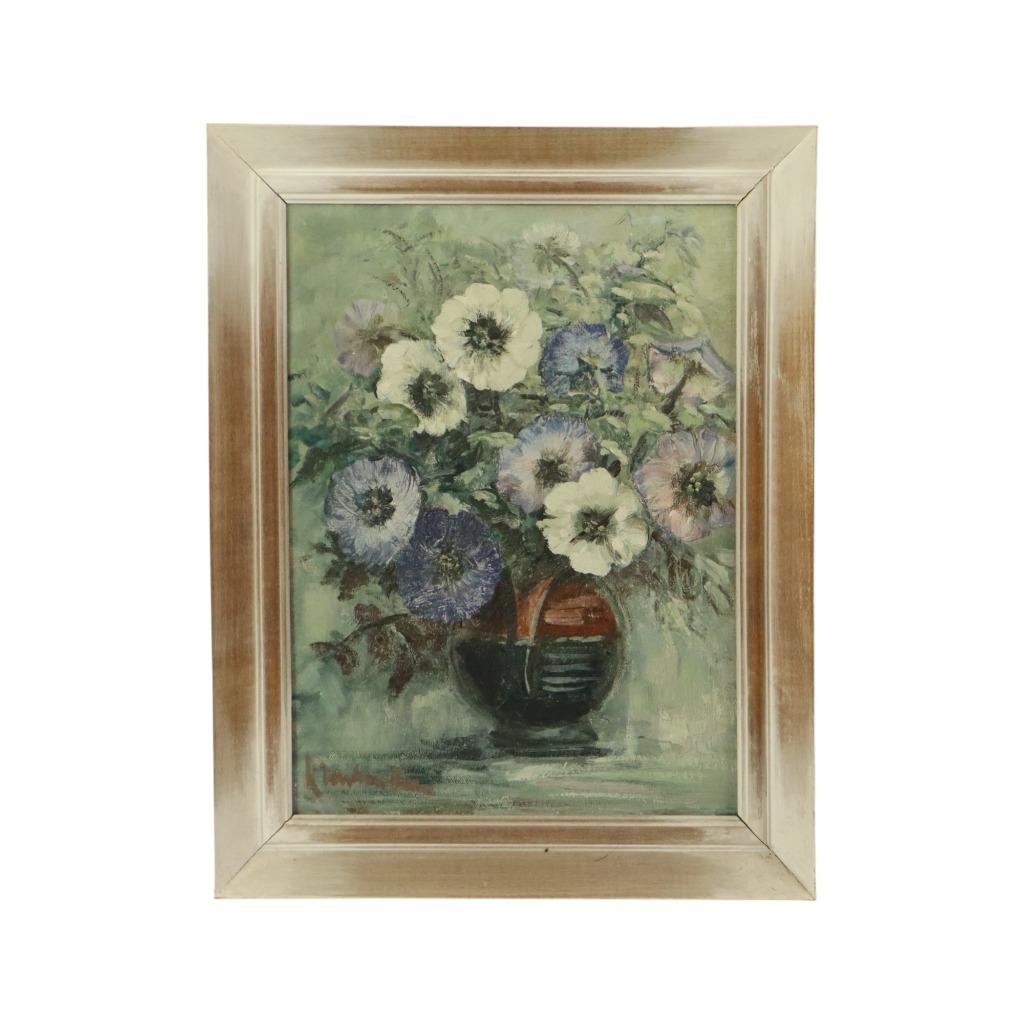 Vintage Bloemen Stilleven Amateur Schilderij Ingelijst Gesig, Ophalen of Verzenden