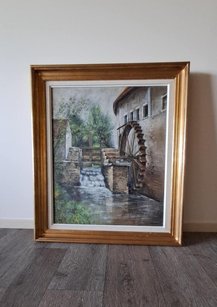 schilderij waterrad met sierlijk vergulde kader, Antiek en Kunst, Ophalen of Verzenden