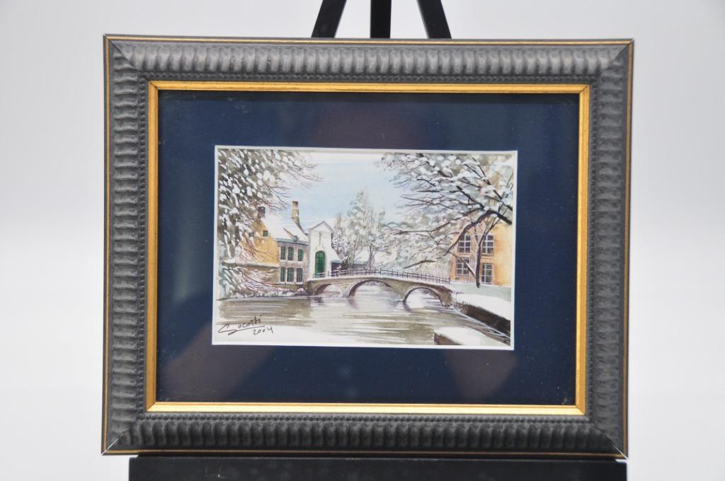 Aquarelle d'hiver - Béguinage de Bruges - Socotti - 24*19cm, Antiquités & Art, Art | Peinture | Classique, Enlèvement ou Envoi