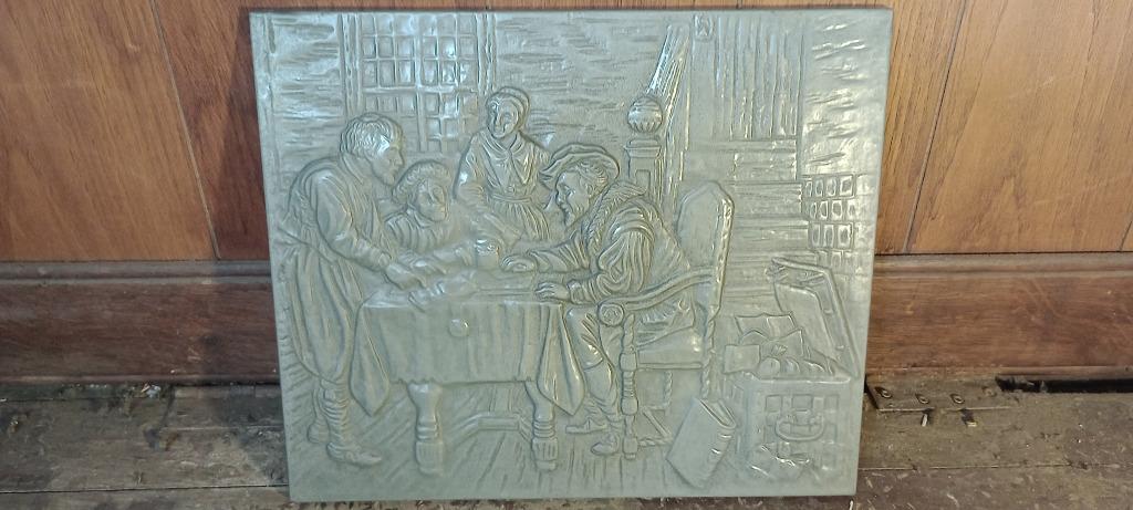 Plaque Métal Gravée Relief Scène de Taverne,38x32, n259, Antiquités & Art, Art | Eaux-fortes & Gravures, Enlèvement ou Envoi, Gravure