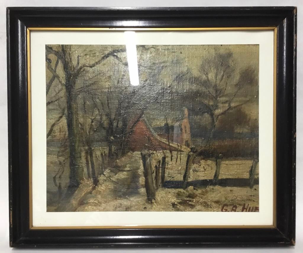 Alfred Hubert (1830-1902) Winterlandschap Olieverf op plaat, Ophalen of Verzenden