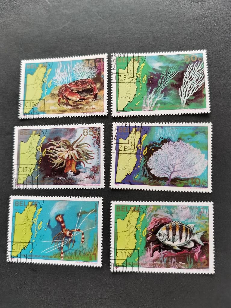 Belize 1982 - onderwaterfauna, landkaart, garnaal, koraal, Ophalen of Verzenden, Gestempeld, Midden-Amerika
