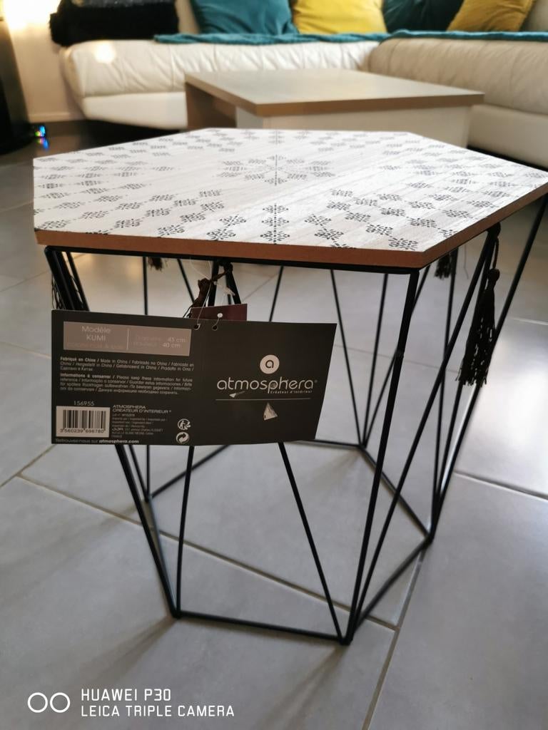 Table à café "Kumi" octogonale, métal & bois neuve, Maison & Meubles, Enlèvement ou Envoi, Comme neuf, Bois, Moins de 45 cm