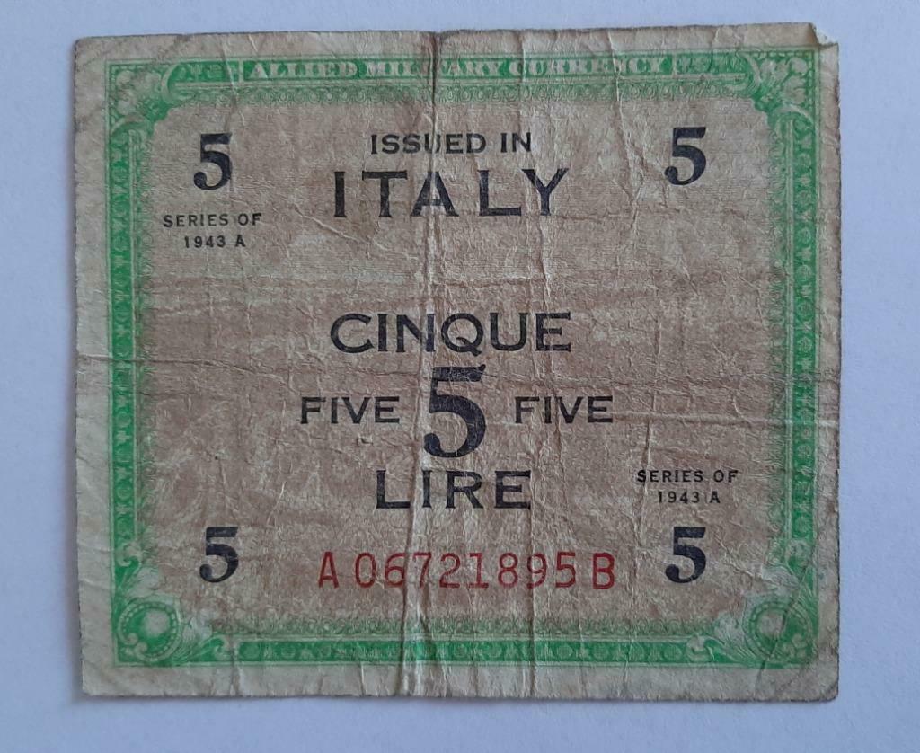 5 lire biljet Italië 1943 A allied military five lire, Ophalen of Verzenden, Italië