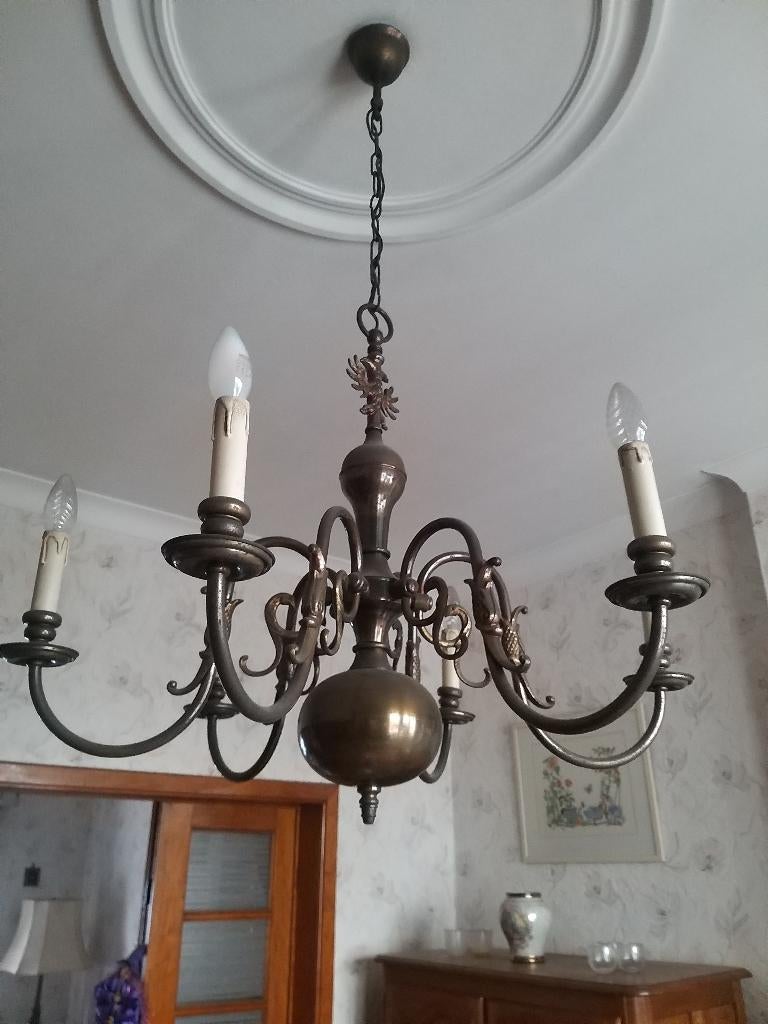 luster bronskleurig met zes armen, Ophalen, Zo goed als nieuw, Metaal, Retro