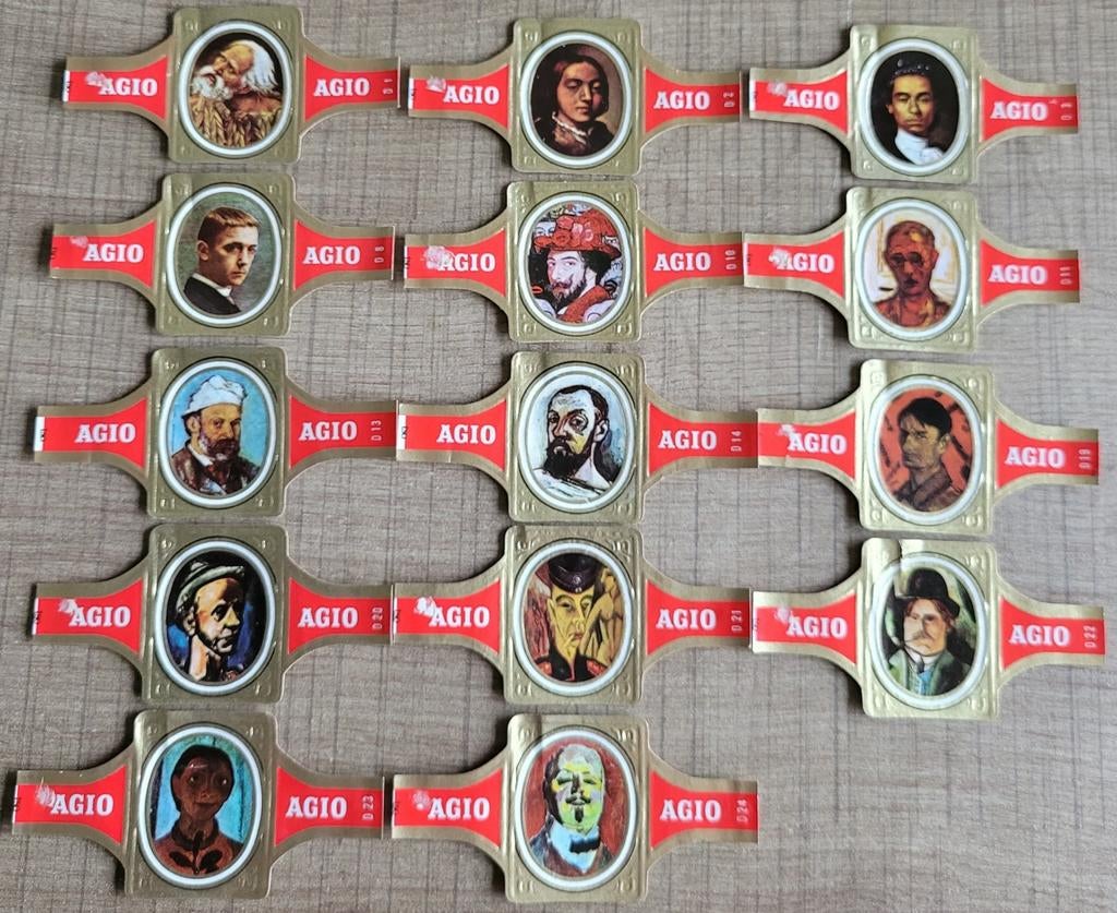 14 oude sigarenbandjes reeks Zelfportretten (serie 2, rood), Ophalen of Verzenden, Gebruikt, Sigarenbandjes