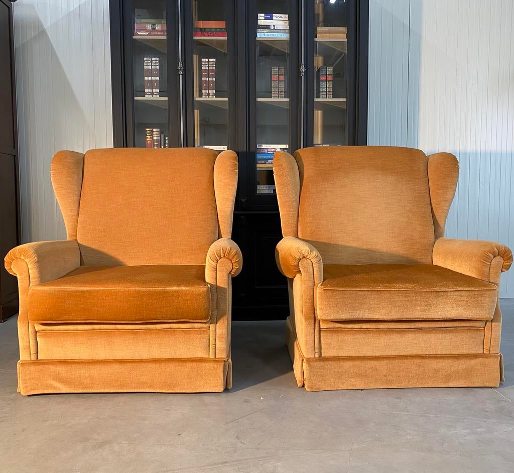Twee prachtige XXL Retro Fauteuils geel verlouse stof, Huis en Inrichting, Fauteuils, Ophalen of Verzenden, Zo goed als nieuw