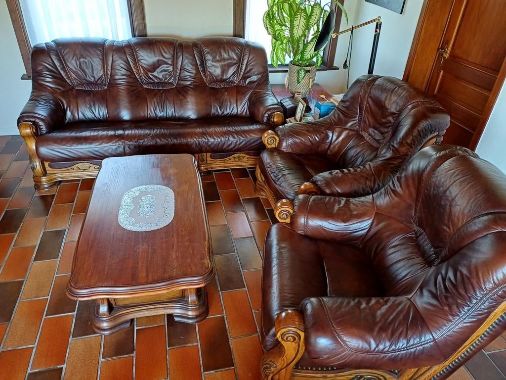 Salon in kalfsleder, 3-zit plus 2*1-zit in goede staat, Huis en Inrichting, Zetels | Zetels, Ophalen, Gebruikt, Vierpersoons of meer