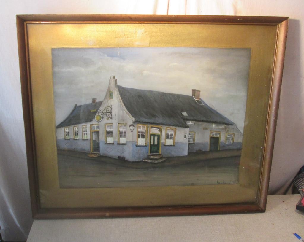 Aquarelle ancienne « Maison au coin de la rue » - Vd Heuvel, Antiquités & Art, Enlèvement ou Envoi