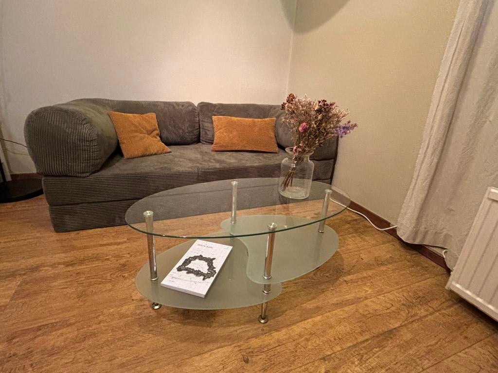 Table base oval en verre avec pieds chromés, 55 à 75 cm, Verre, Enlèvement, Ovale