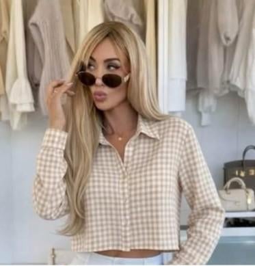 Hemdje maat 38 in beige gingham met ruiten, Kleding | Dames, Verzenden, Beige