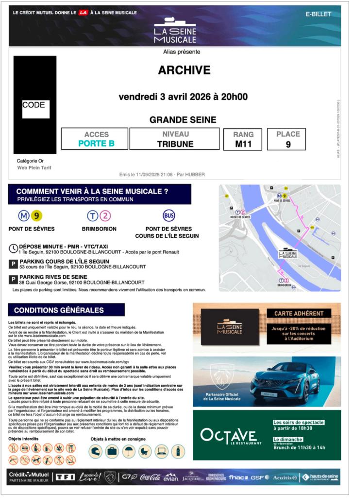 BILLETS CONCERT ARCHIVE LA SEINE MUSICALE, Tickets & Billets, Deux personnes, Avril