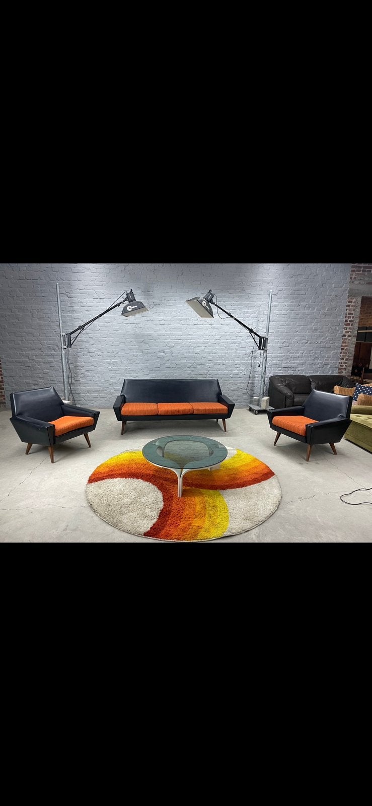 PIET KLERKX ROCK & ROll ORANGE & BLACK LEATHERETTE, 1960S, Huis en Inrichting, Ophalen, Gebruikt, Vierpersoons of meer, Rechte bank