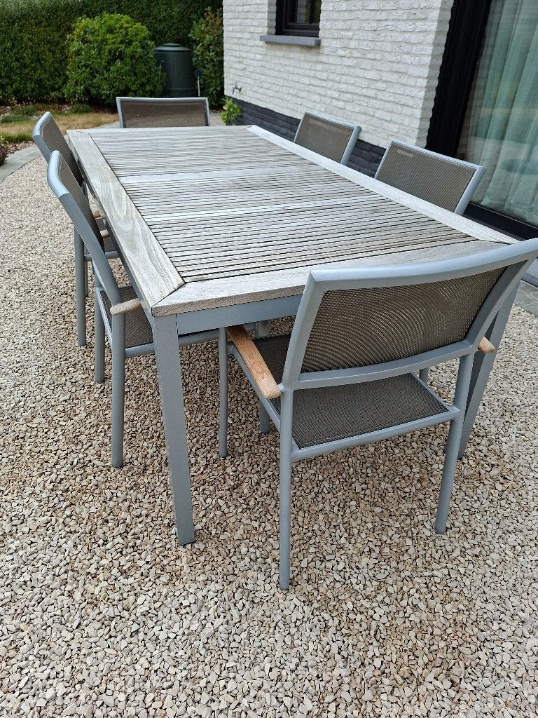 Tuinset  tafel teak/alu met 6 stoelen, Ophalen, Gebruikt, 6 zitplaatsen, Aluminium