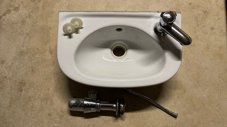 Saval wastafel + Grohe kraan + afvoer + sifon + slang, Doe-het-zelf en Bouw, Sanitair, Gebruikt, Wastafel, Inox, Steen, Ophalen