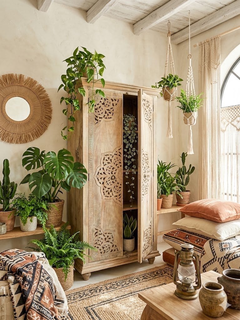 Handgesneden Kast uit India Uniek exemplaar Ibiza/Boho Nieuw, Neuf, Avec porte(s), 25 à 50 cm, Ibiza/Boho/Botanisch