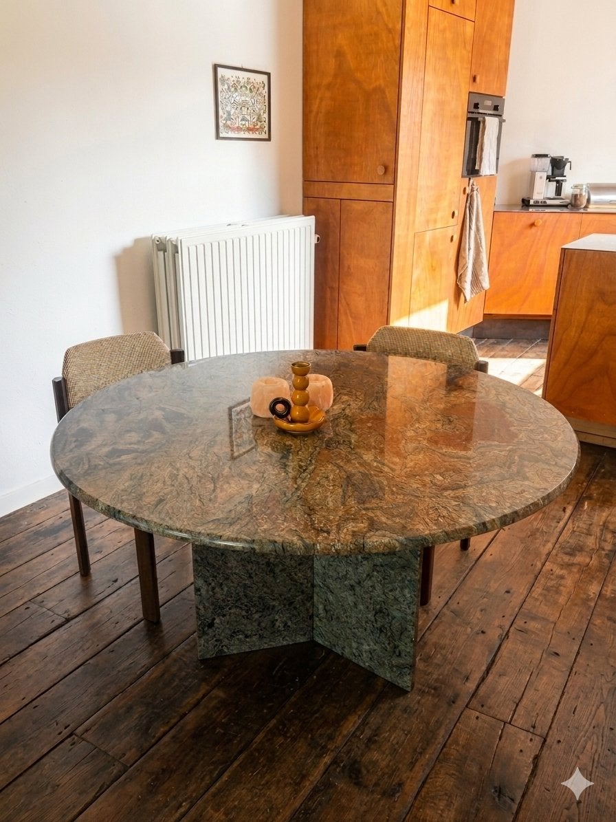 Vintage Natuursteen tafel 130 cm (Graniet / Travertin Stijl), Enlèvement, Comme neuf