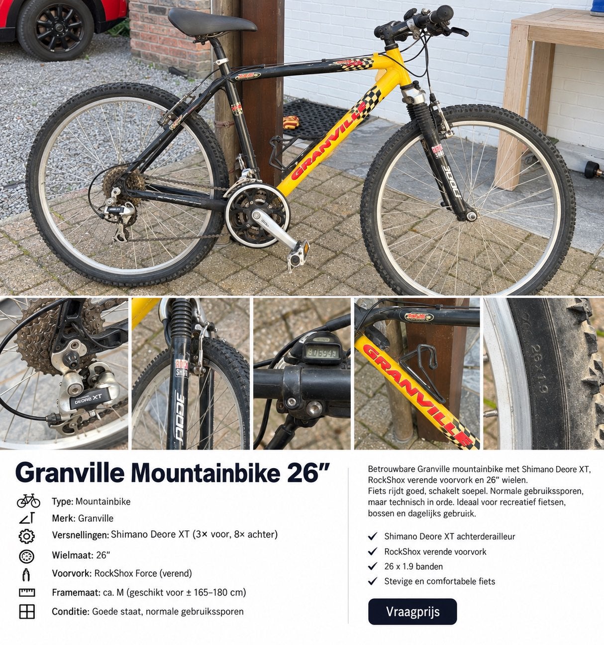 Granville mountainbike 26” – Shimano Deore XT – RockShox, Fietsen en Brommers, Ophalen, Zo goed als nieuw, 10 tot 15 versnellingen