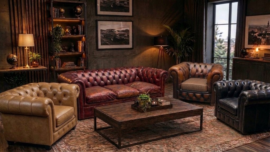 Ensemble Chesterfield ancien cuir – Canapé + Fauteuils, Enlèvement, Utilisé, Cuir