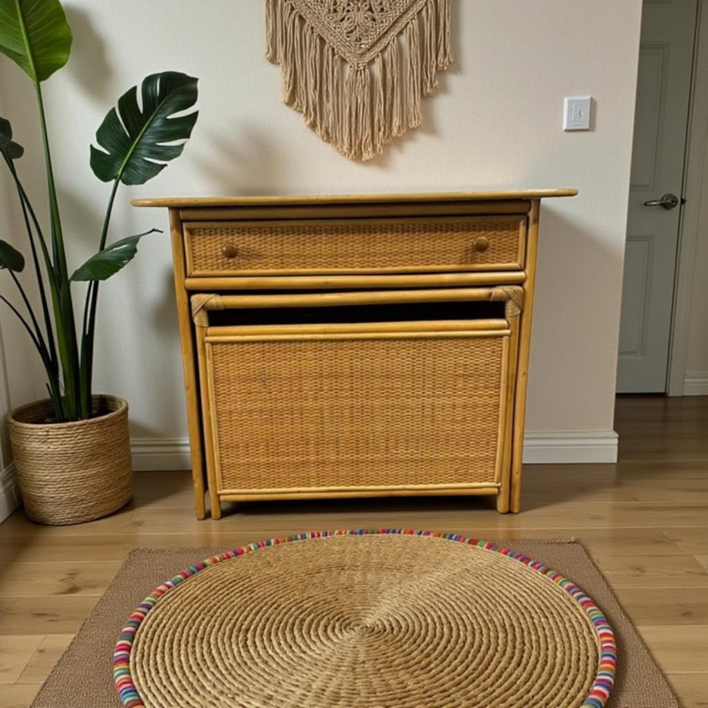 Console vintage en rotin avec tabouret/meuble de toilette, Envoi